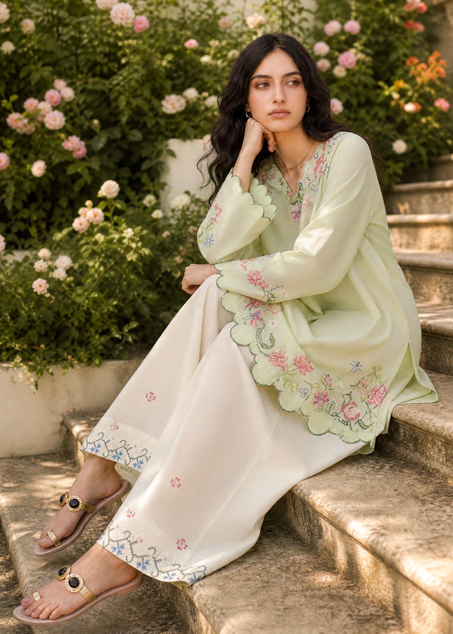 SS26DC-2626 LIGHT GREEN 2PCS  EMBROIDERED KURTA WITH TROUSER