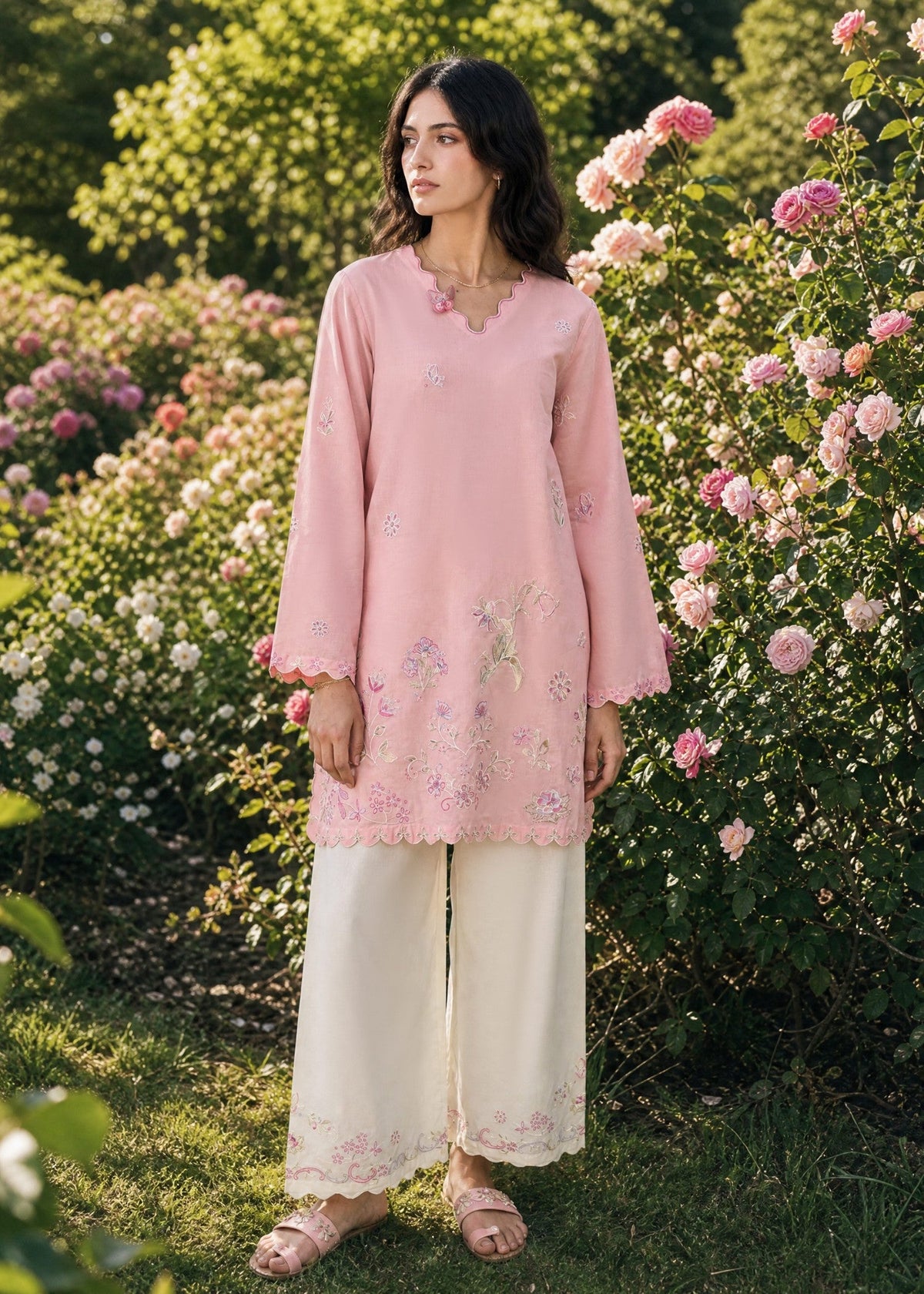 SS26DC-2627 LIGHT PINK 2PCS  EMBROIDERED KURTA WITH TROUSER