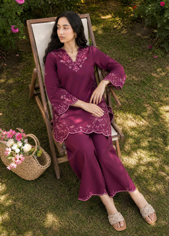 SS26DC-2628 PLUM 2PCS  EMBROIDERED KURTA WITH TROUSER