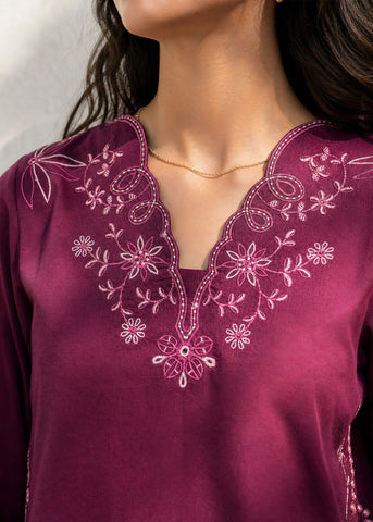 SS26DC-2628 PLUM 2PCS  EMBROIDERED KURTA WITH TROUSER