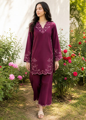 SS26DC-2628 PLUM 2PCS  EMBROIDERED KURTA WITH TROUSER