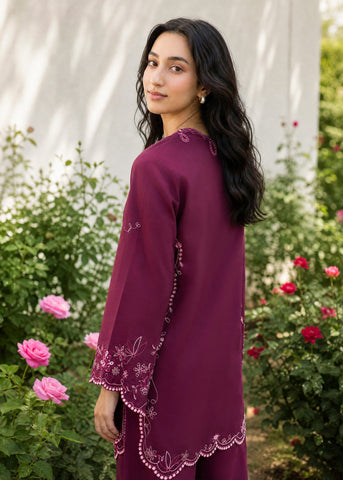 SS26DC-2628 PLUM 2PCS  EMBROIDERED KURTA WITH TROUSER