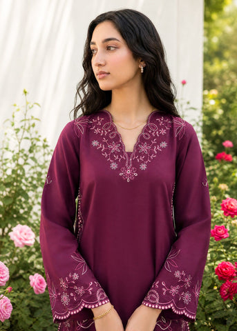 SS26DC-2628 PLUM 2PCS  EMBROIDERED KURTA WITH TROUSER