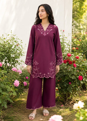 SS26DC-2628 PLUM 2PCS  EMBROIDERED KURTA WITH TROUSER
