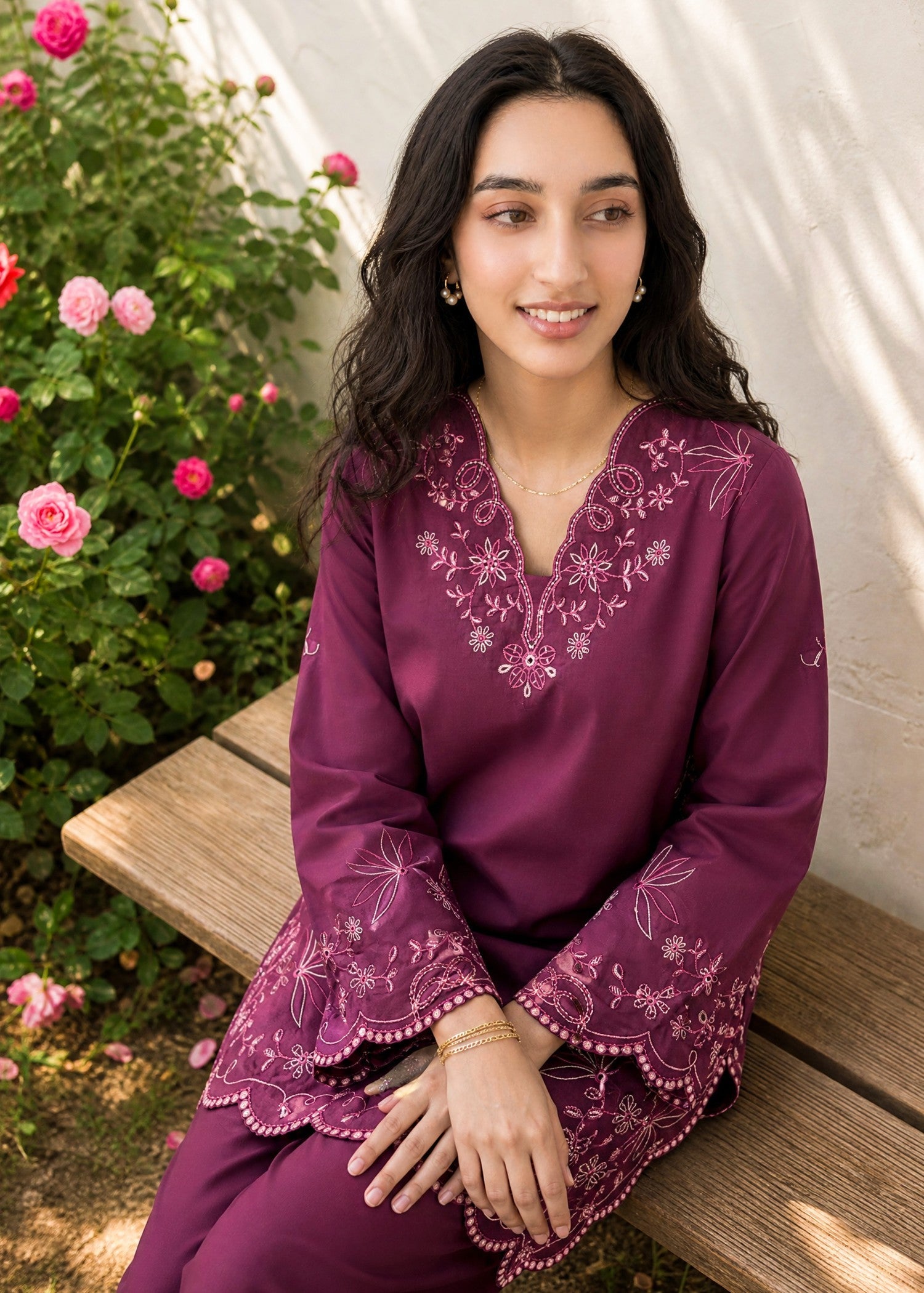 SS26DC-2628 PLUM 2PCS  EMBROIDERED KURTA WITH TROUSER