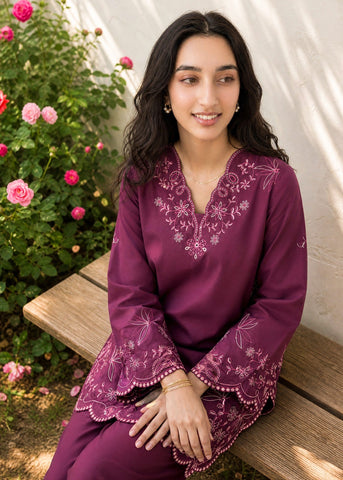 SS26DC-2628 PLUM 2PCS  EMBROIDERED KURTA WITH TROUSER
