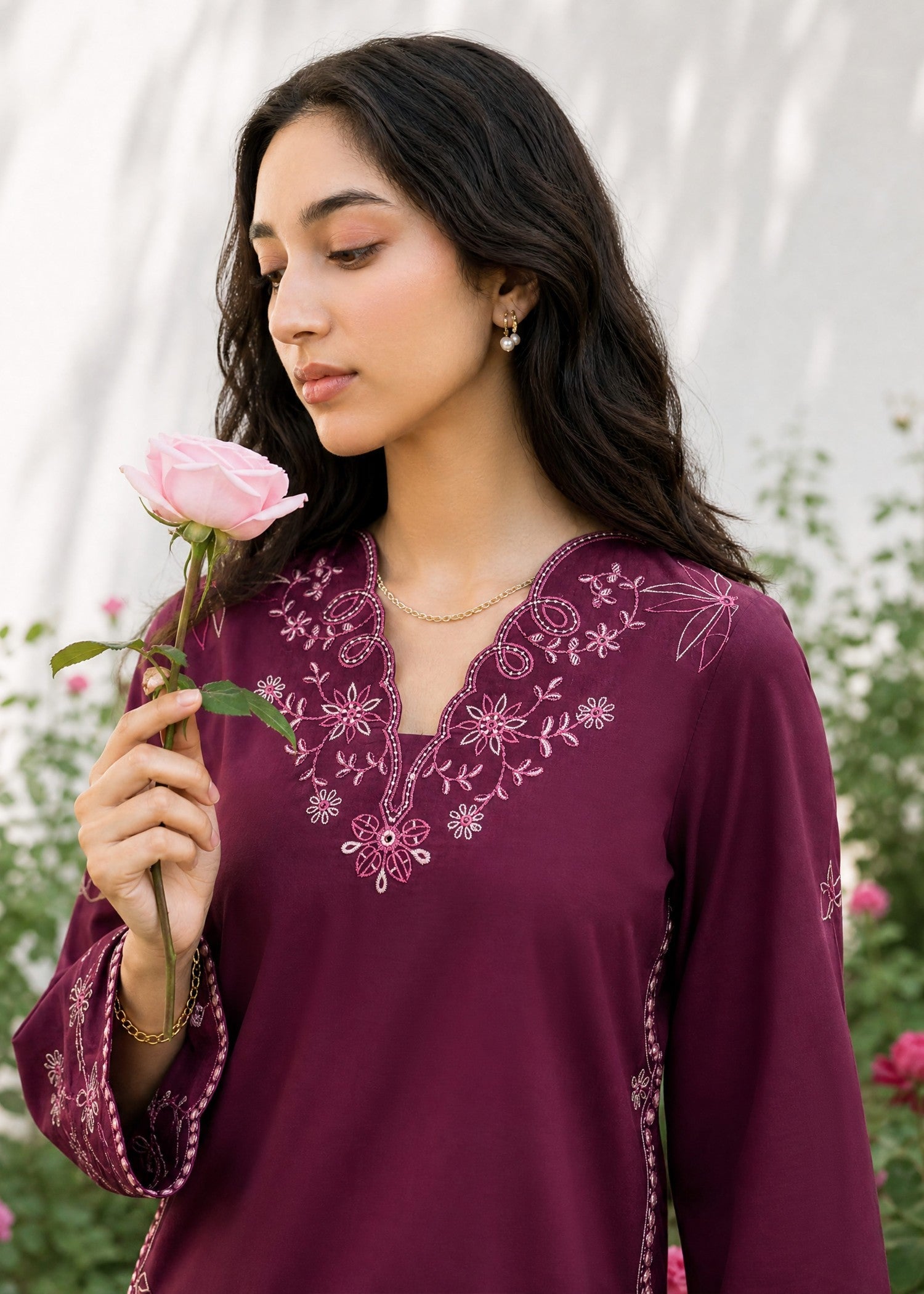 SS26DC-2628 PLUM 2PCS  EMBROIDERED KURTA WITH TROUSER