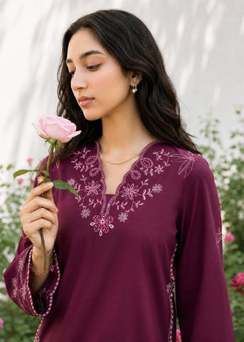 SS26DC-2628 PLUM 2PCS  EMBROIDERED KURTA WITH TROUSER