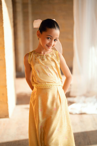 Kids yellow 2-piece shamoz silk set with floral embroidery.