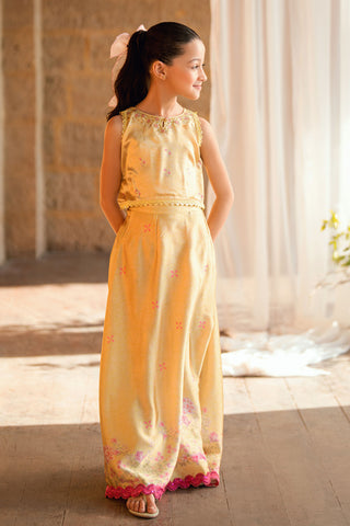 Kids yellow 2-piece shamoz silk set with floral embroidery.