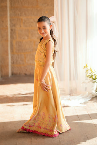 Kids yellow 2-piece shamoz silk set with floral embroidery.