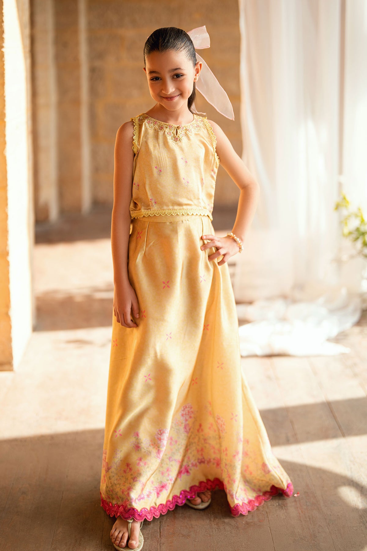 Kids yellow 2-piece shamoz silk set with floral embroidery.