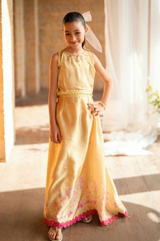 Kids yellow 2-piece shamoz silk set with floral embroidery.