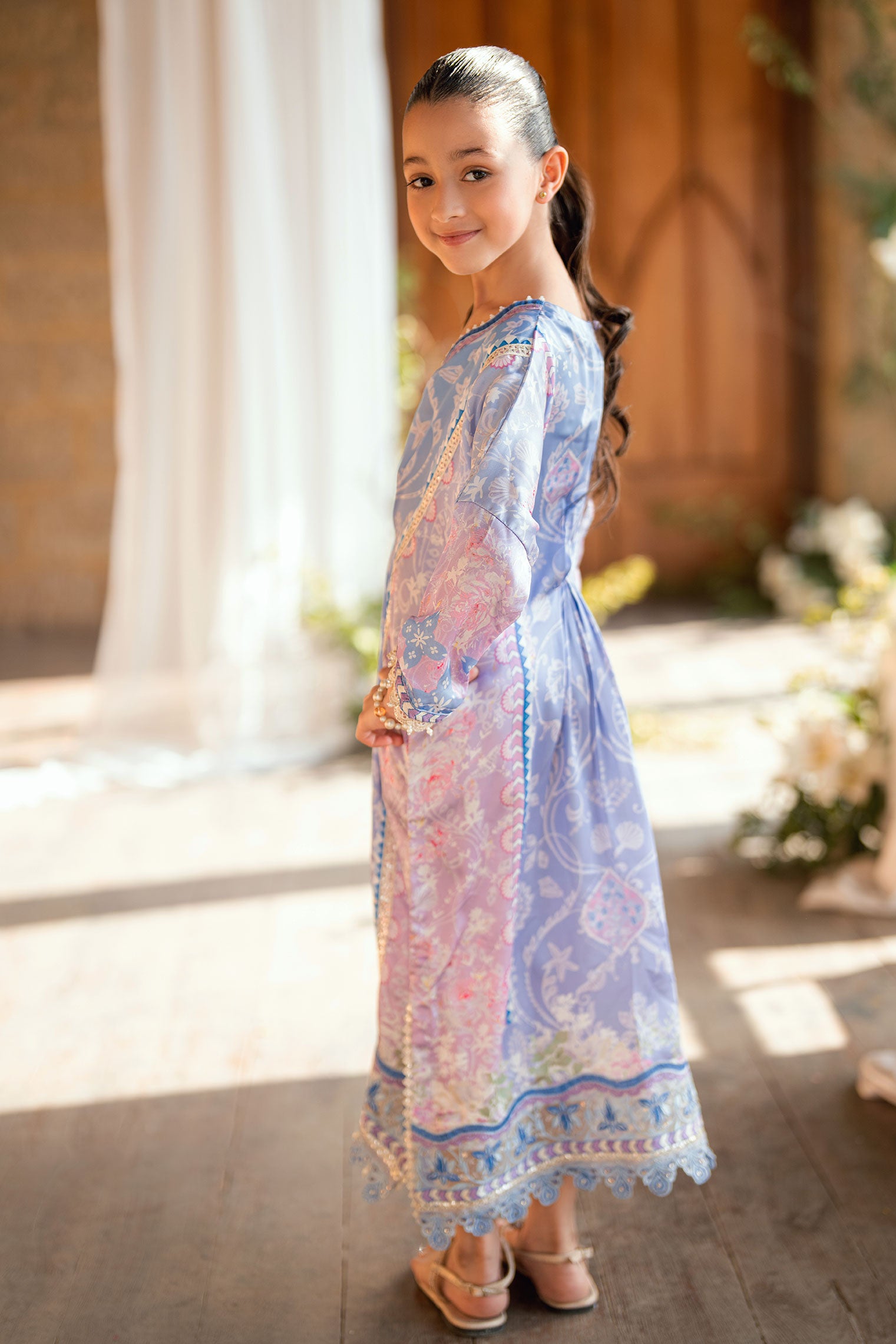 Kids purple shamoz silk kaftan with refined detailing.