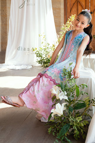 Kids sky blue satin silk set with graceful embroidery.