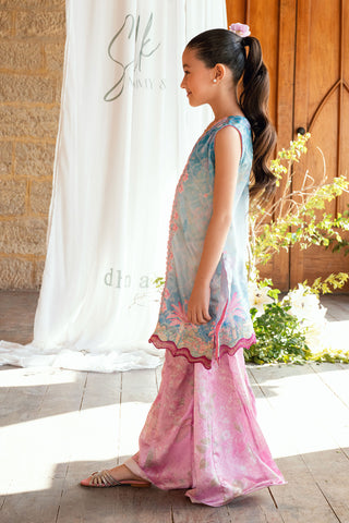 Kids sky blue satin silk set with graceful embroidery.