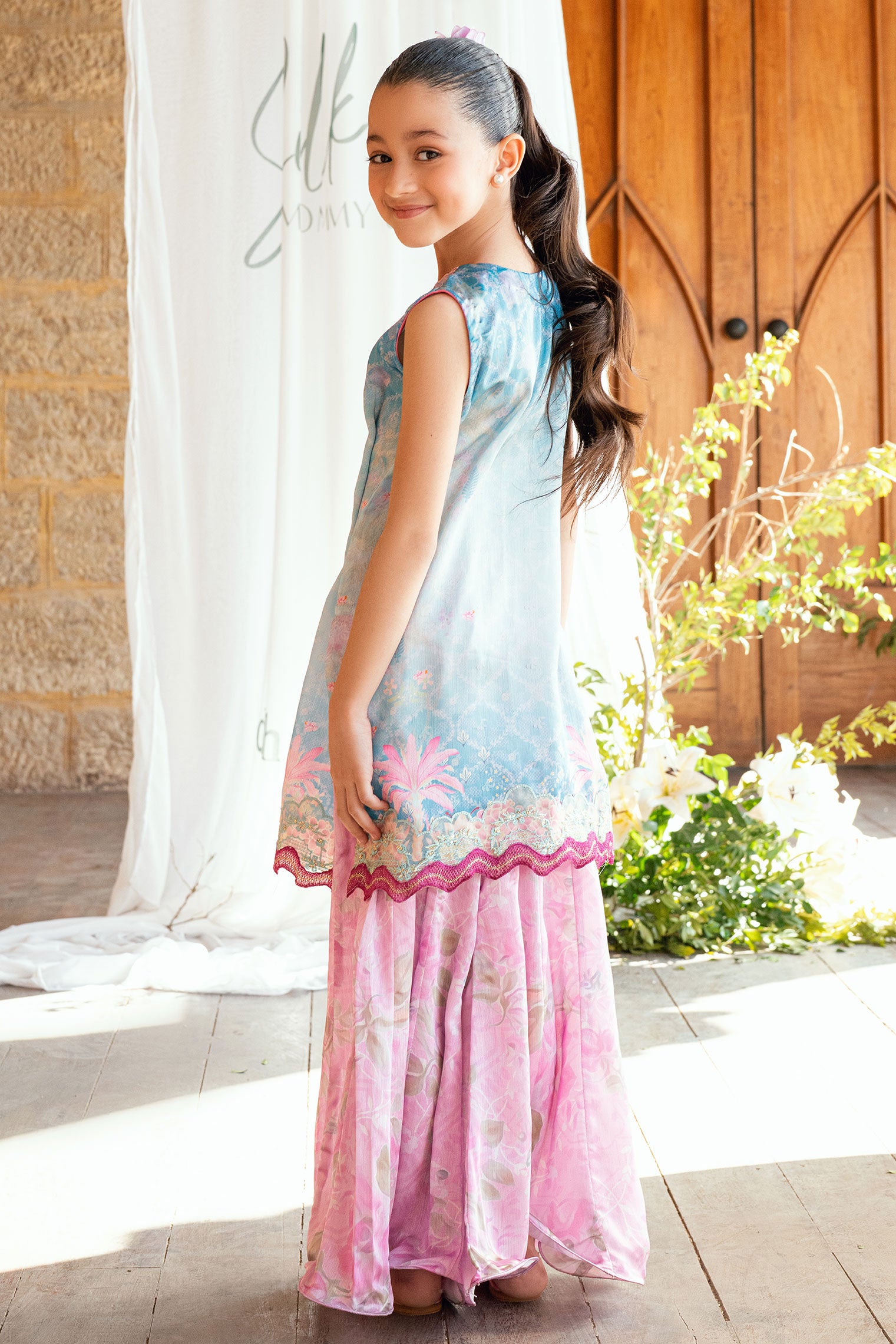 Kids sky blue satin silk set with graceful embroidery.