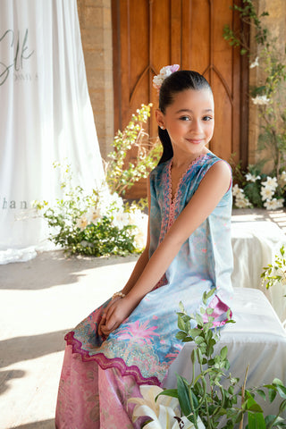 Kids sky blue satin silk set with graceful embroidery.