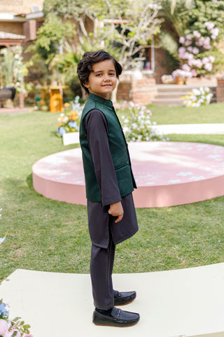 SS26DK-0227 - BOTTLE GREEN  -  KURTA ,PAJAMA & WAIST COAT - 3PCS