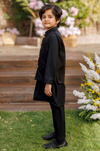 SS26DK-0228 - BLACK  -  KURTA ,PAJAMA & WAIST COAT - 3PCS