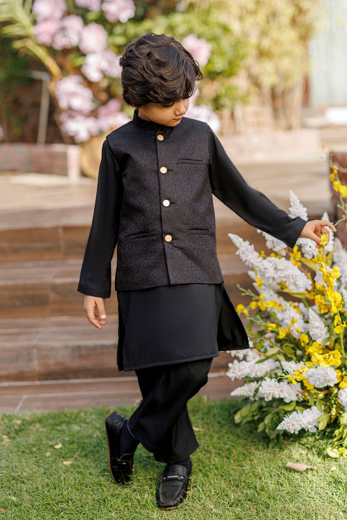 SS26DK-0228 - BLACK  -  KURTA ,PAJAMA & WAIST COAT - 3PCS