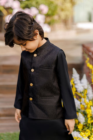 SS26DK-0228 - BLACK  -  KURTA ,PAJAMA & WAIST COAT - 3PCS