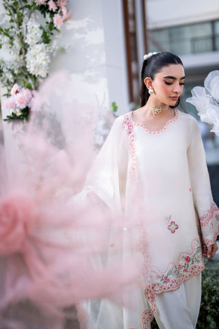 Off-white 3-piece cotton net ensemble with contrasting pink and green floral embroidery.