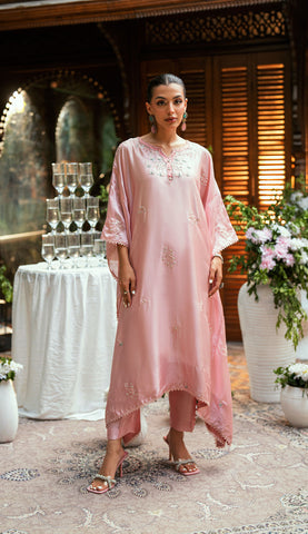 Pink 2-piece sheesha silk outfit featuring a contemporary butterfly cut and elegant embroidery.