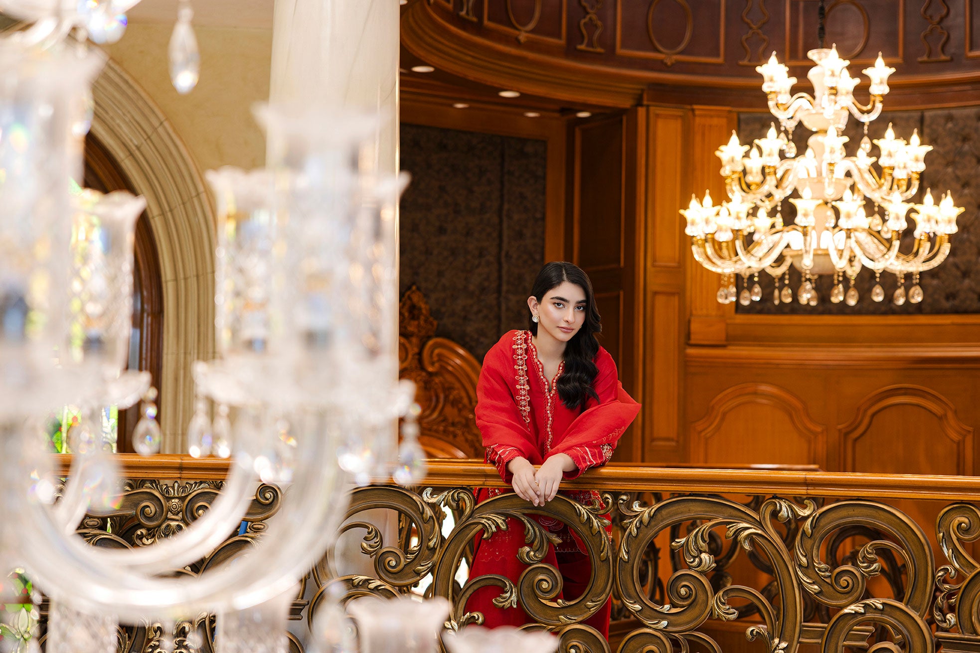 Timeless red 3-piece silk outfit with intricate embroidery on neckline, sleeves, and hem.