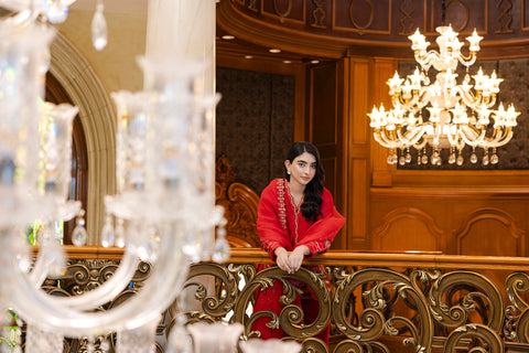 Timeless red 3-piece silk outfit with intricate embroidery on neckline, sleeves, and hem.