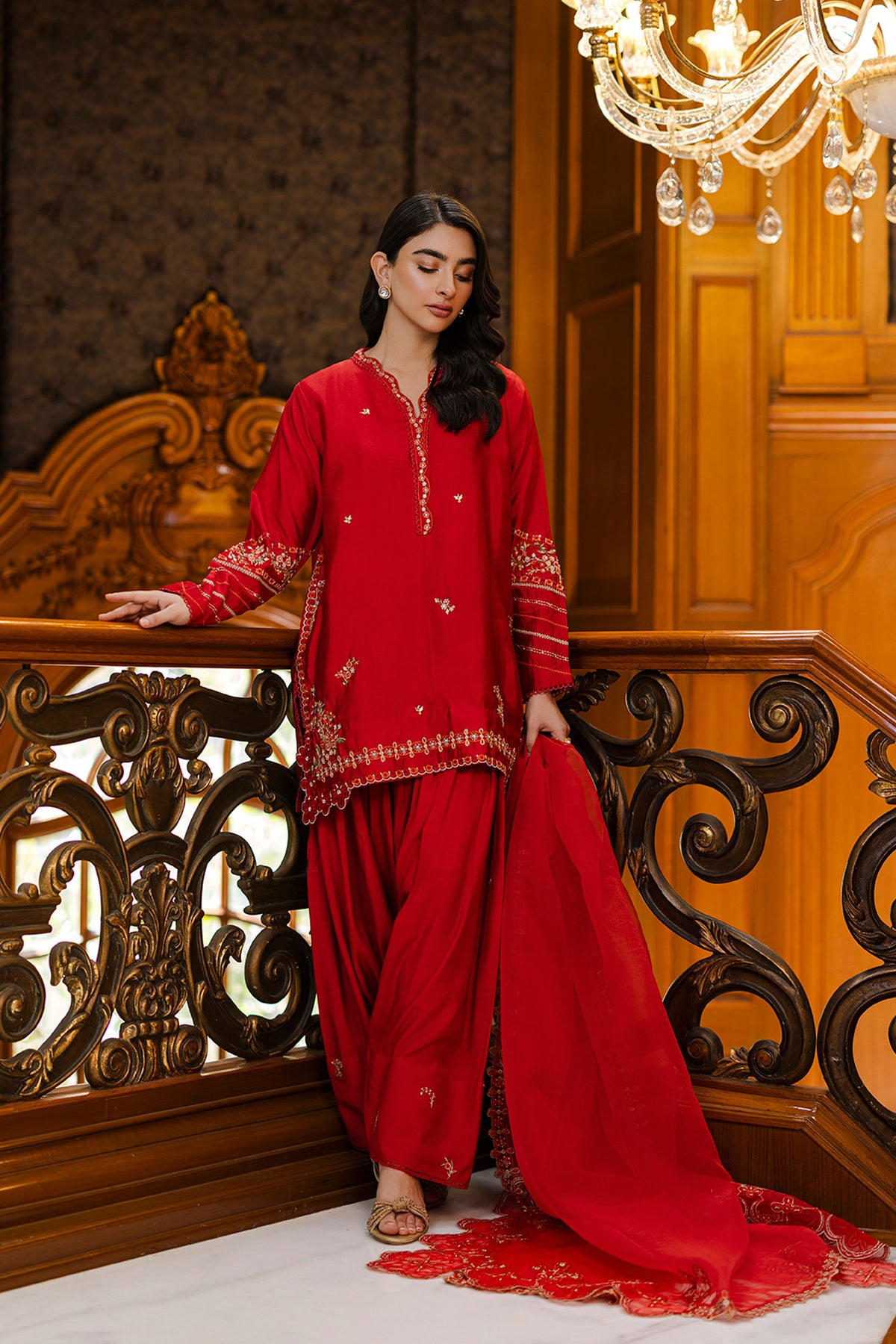 Timeless red 3-piece silk outfit with intricate embroidery on neckline, sleeves, and hem.