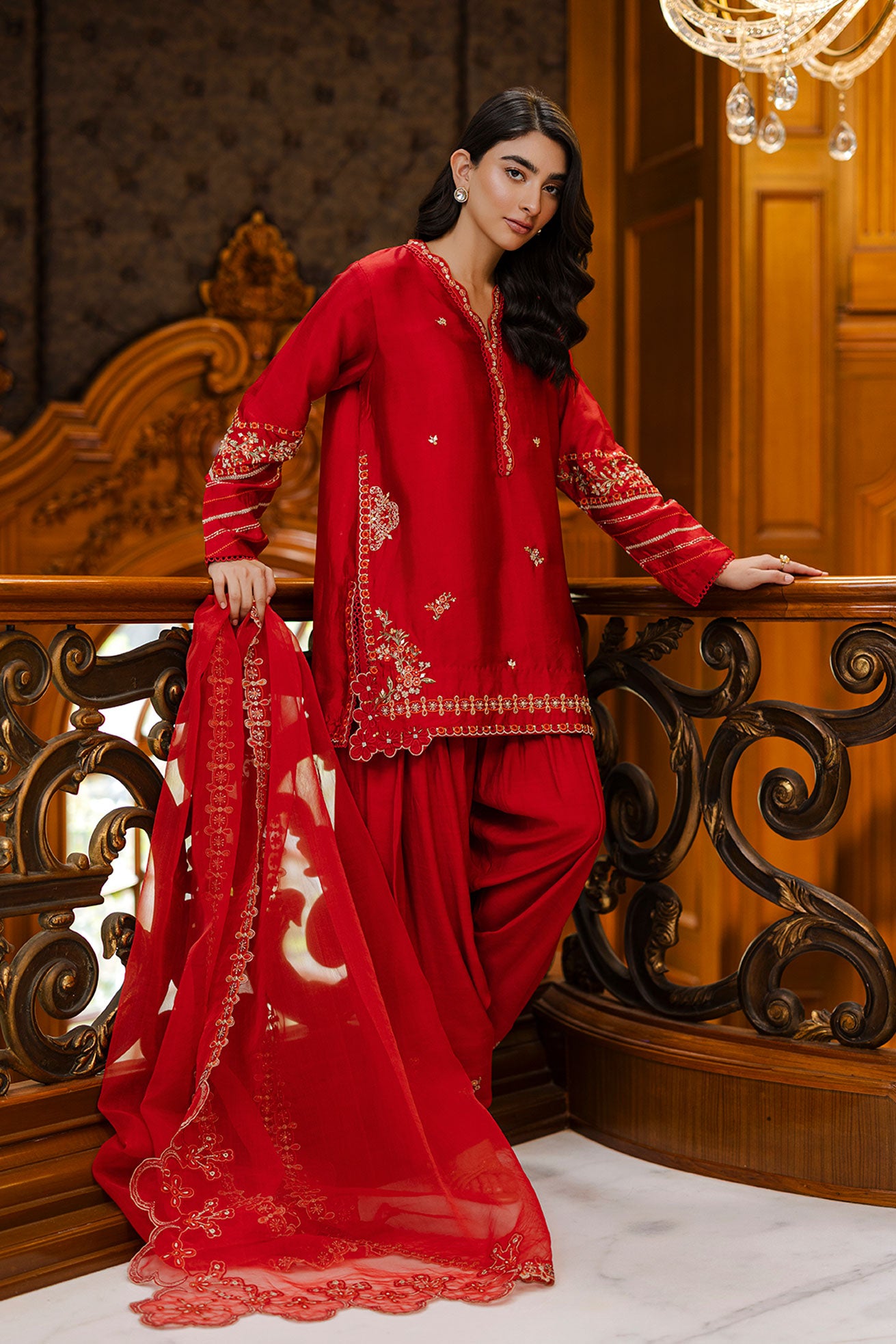 Timeless red 3-piece silk outfit with intricate embroidery on neckline, sleeves, and hem.