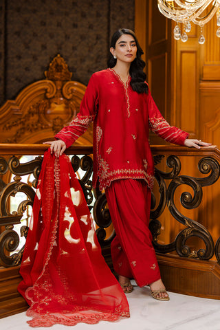 Timeless red 3-piece silk outfit with intricate embroidery on neckline, sleeves, and hem.