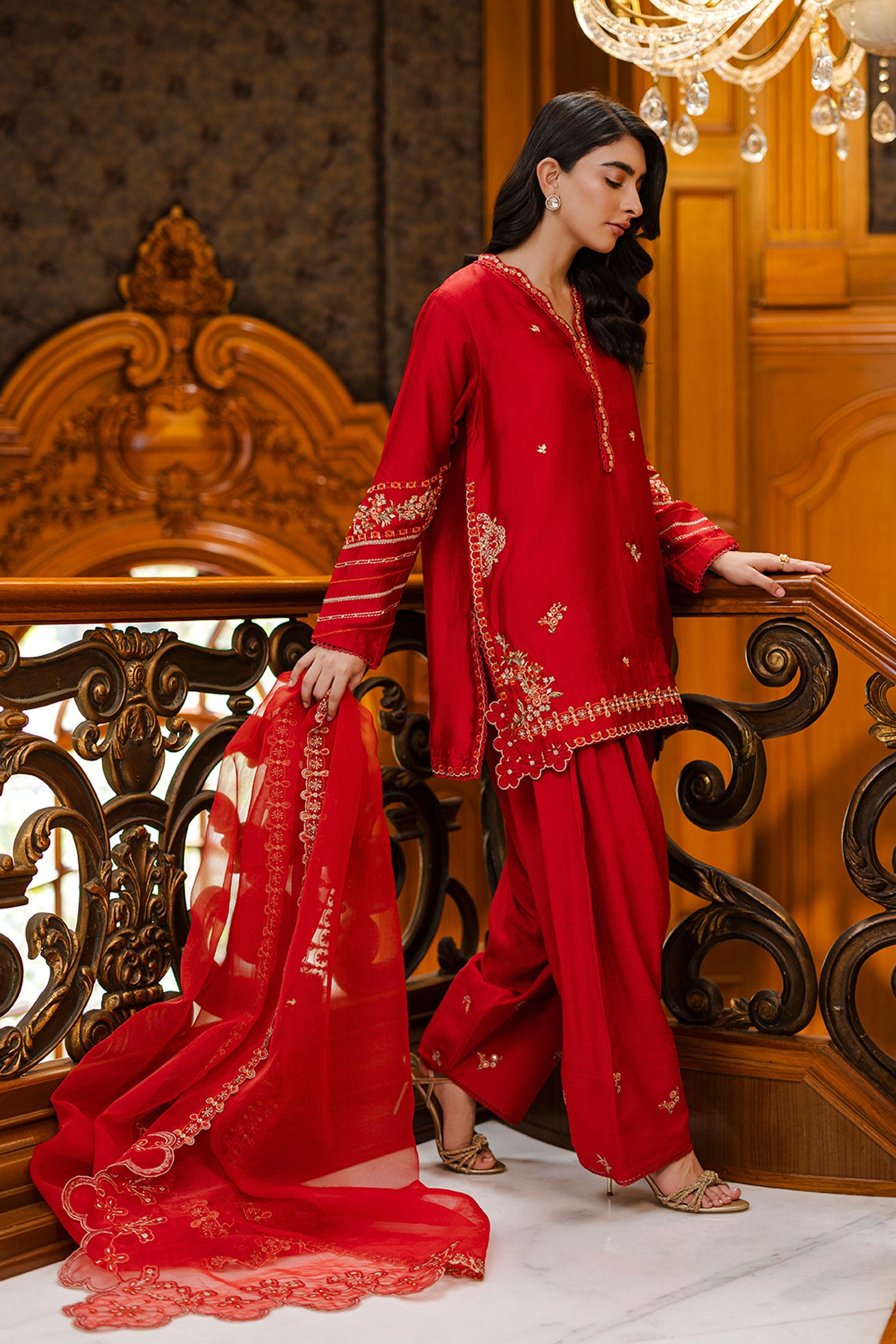 Timeless red 3-piece silk outfit with intricate embroidery on neckline, sleeves, and hem.
