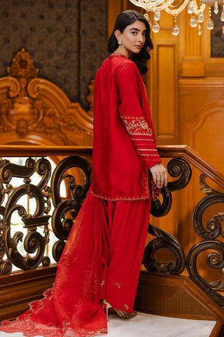 Timeless red 3-piece silk outfit with intricate embroidery on neckline, sleeves, and hem.