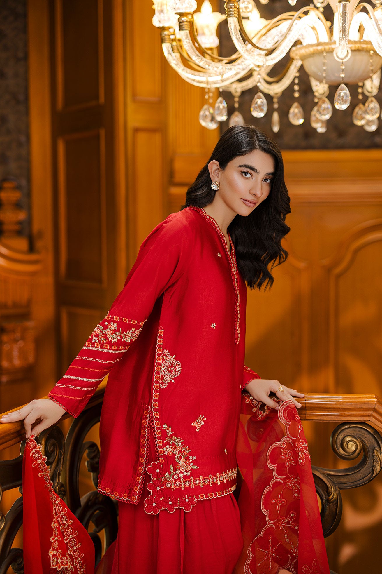 Timeless red 3-piece silk outfit with intricate embroidery on neckline, sleeves, and hem.