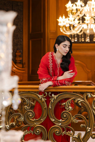 Timeless red 3-piece silk outfit with intricate embroidery on neckline, sleeves, and hem.