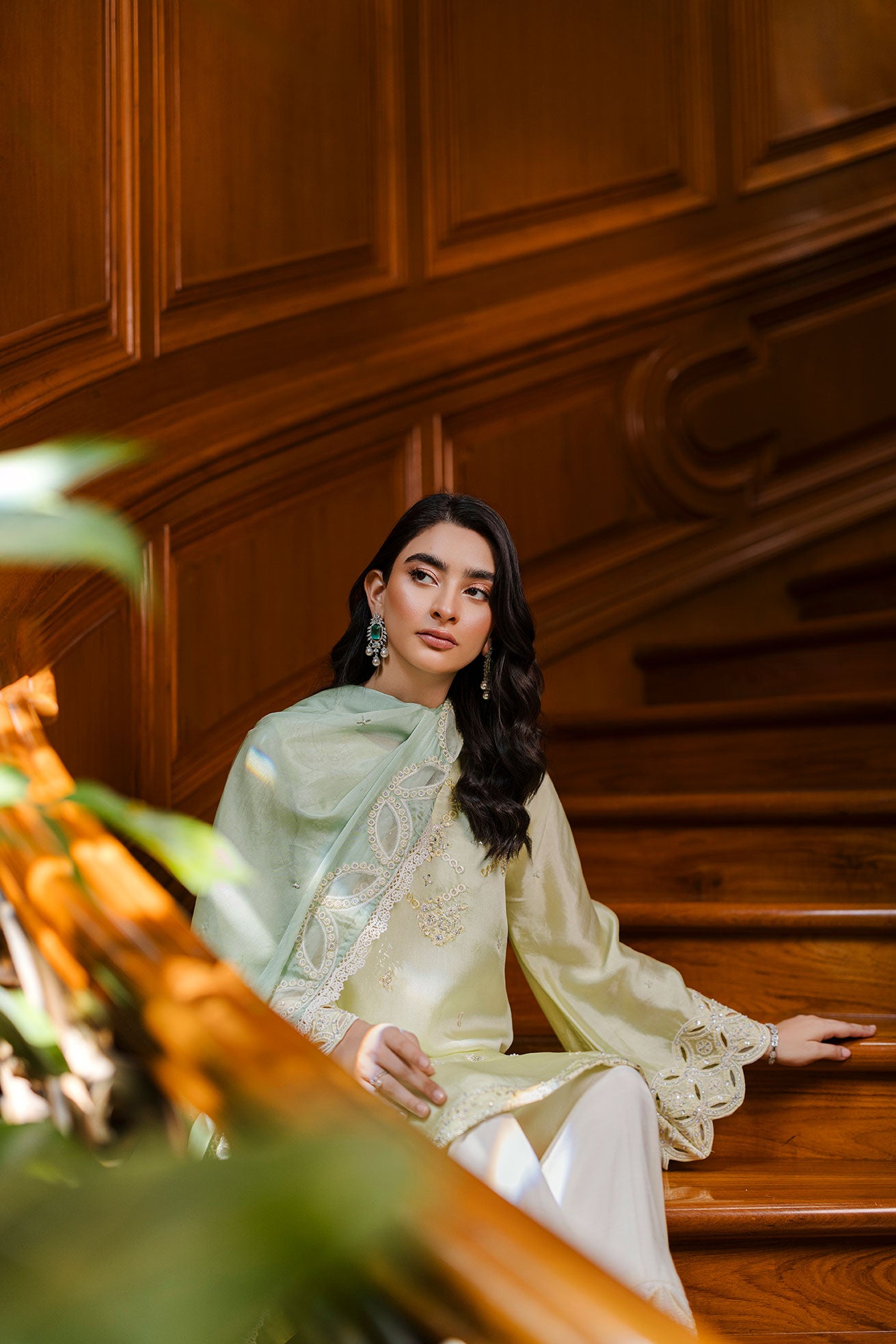 Pastel yellow 3-piece silk suit with delicate embroidery and wide-leg trousers.