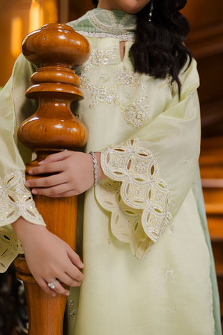 Pastel yellow 3-piece silk suit with delicate embroidery and wide-leg trousers.