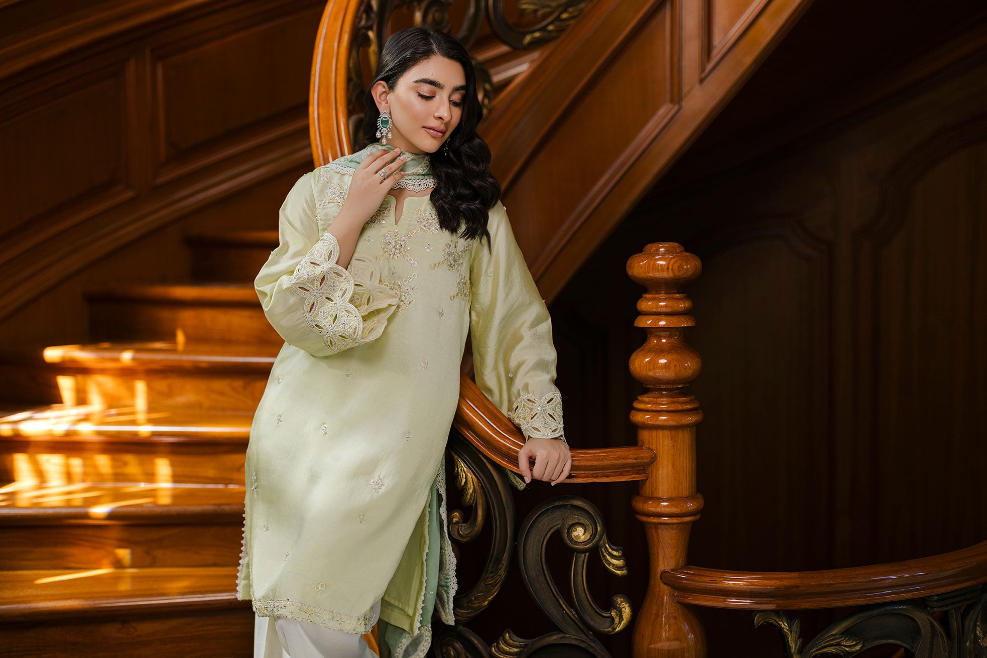 Pastel yellow 3-piece silk suit with delicate embroidery and wide-leg trousers.