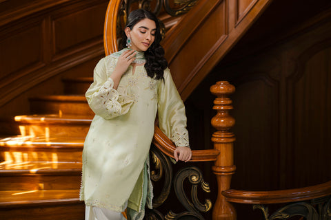 Pastel yellow 3-piece silk suit with delicate embroidery and wide-leg trousers.