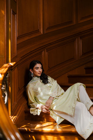 Pastel yellow 3-piece silk suit with delicate embroidery and wide-leg trousers.