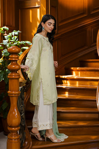Pastel yellow 3-piece silk suit with delicate embroidery and wide-leg trousers.