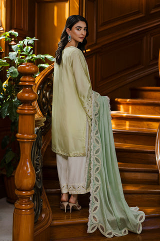Pastel yellow 3-piece silk suit with delicate embroidery and wide-leg trousers.