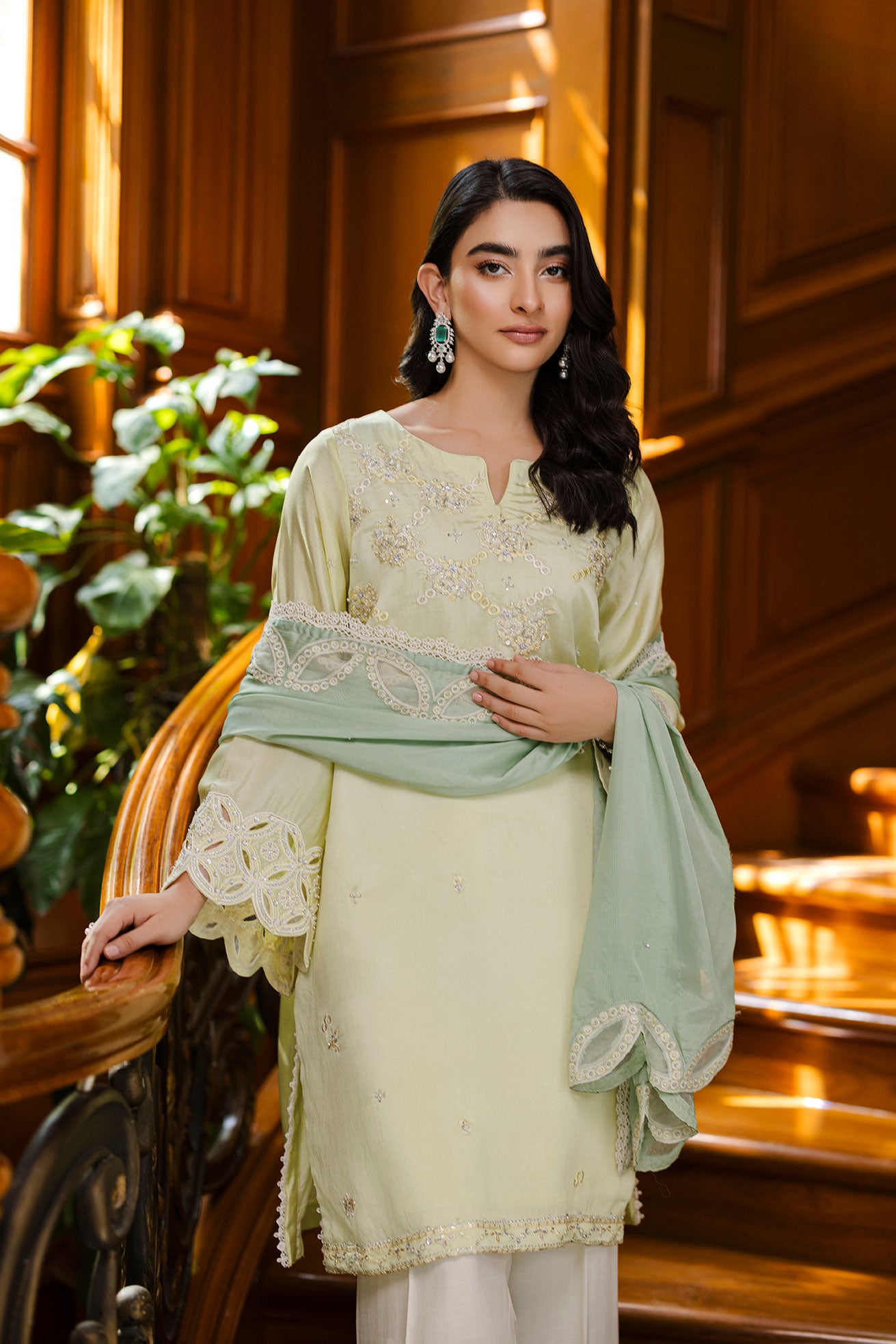 Pastel yellow 3-piece silk suit with delicate embroidery and wide-leg trousers.