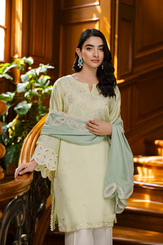 Pastel yellow 3-piece silk suit with delicate embroidery and wide-leg trousers.