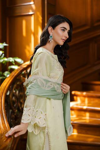 Pastel yellow 3-piece silk suit with delicate embroidery and wide-leg trousers.