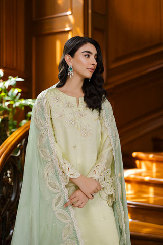 Pastel yellow 3-piece silk suit with delicate embroidery and wide-leg trousers.