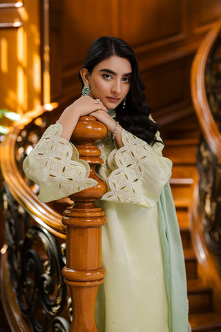 Pastel yellow 3-piece silk suit with delicate embroidery and wide-leg trousers.