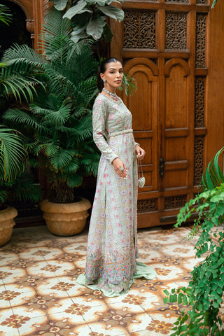 Pastel green 2-piece luxury silk front-open kurta with embroidered waist belt.